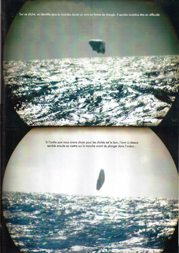 Two of the images from the French magazine Top Secret. The caption reads, "(Top) On this photo, we identify without a doubt a triangular-shaped UFO. It seems to be in trouble. (Bottom) If the order that we have chosen for these pictures is correct, the UFO here seems to now go sideways before plunging into the ocean…" (Credit: Top Secret/TheBlackVault.com)