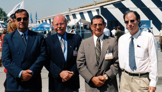 (Left to right) Gen. Ricardo Bermúdez, Dr. Richard Haines, Gustavo Rodríguez and Antonio Huneeus at the FIDAE 2000 international aeronautical expo in Santiago, where a CEFAA Conference and Workshop took place. (Image credit: Richard Haines)