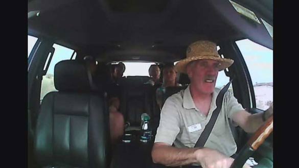 Tour van driver Denis Ryan unwittingly driving his passengers into Area 51. (Credit: KLAS/Adventure Photo Tours)