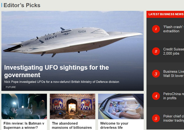 Nick Pope's article was a BBC editor's pick and featured on their front page. (Credit: BBC.com)