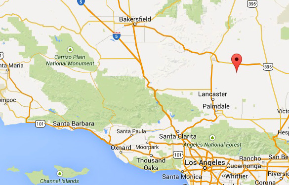 Map showing Bakersfield in relation to Lod Angeles and Edwards Air Force Base (red marker). (Credit: Google Maps)