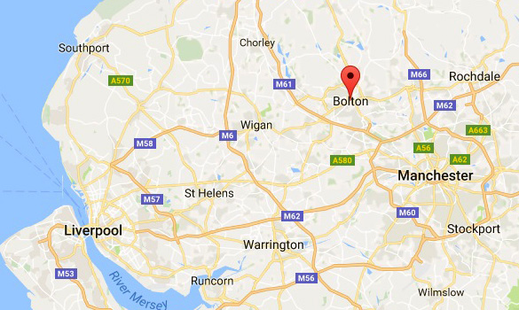 Bolton in relation to Manchester and Liverpool. (Credit: Google Maps)