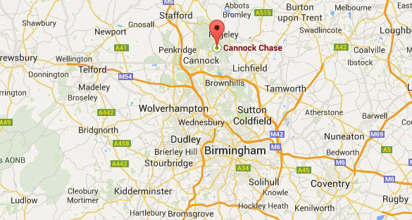 Map showing the location of Cannock Chase in relation to Birmingham. (Credit: Google Maps)