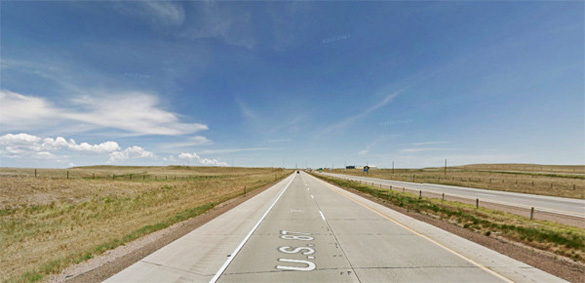 Witnesses northbound along I-25 about 10 miles south of Cheyenne were startled when the object dropped down directly above them on March 6, 2014. (Credit: Google)