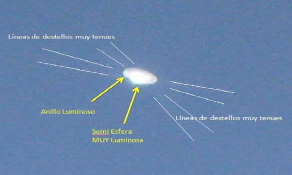 According to Kean, "The text on this diagram of the enlarged second image indicates lines where very soft rays were reflected from an 'extremely luminous half sphere.' The analyst concludes that the object 'emitted its own energy that does not coincide with the natural sunlight which is also reflected off the object.' At noon, the brightness underneath could not have been caused by the sun, which was reflected off the top." (Credit: CEFAA)