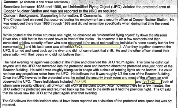 Excerpt of Nuclear Regulatory Commission UFO report. (Credit: Nuclear Regulatory Commission)