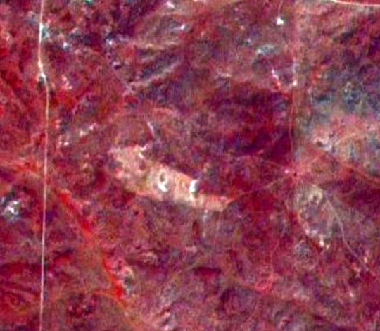 Landsat multi-spectral satellite image showing the debris field. The image clearly shows a burn (or disturbed area) covering the exact location of the debris field as described by witnesses. (image credit: Frank Kimbler)