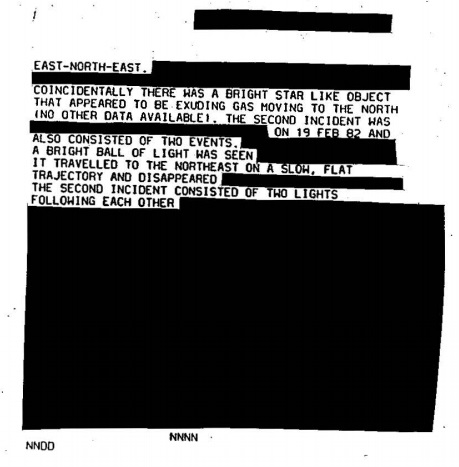 An example of a redacted U.S. Defense Intelligence Agency UFO file. (Credit: DIA/TheBlackVault.com)