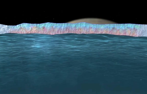 Image depicting Europa's ice crust and alien ocean below. (Credit: NASA/JPL)