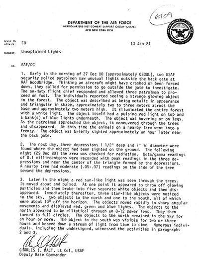 Memo written by Col. Halt related to the incident that was leaked to the press.