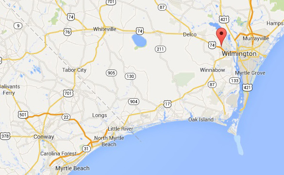 Map of Leland (red marker) in relation to Wilmington and Myrtle Beach. (Credit: Google Maps)