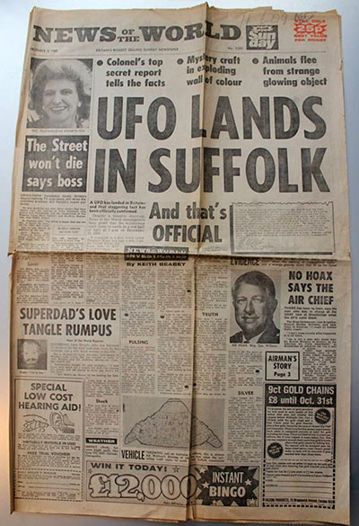 Newspaper breaking the story of the UFO sightings in the Rendlesham Forest.