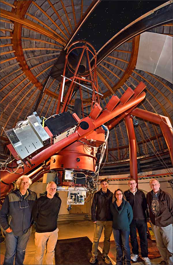 The NIROSETI team with their new infrared detector inside the dome at Lick Observatory. (Credit: Laurie Hatch/UCSD)