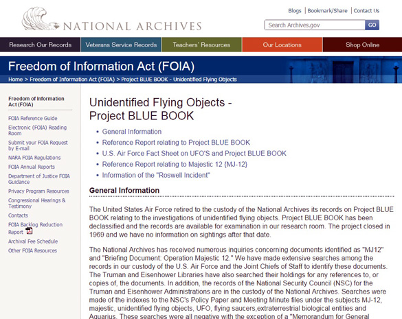 The National Archive's page on UFOs. (Credit: Archives.gov)