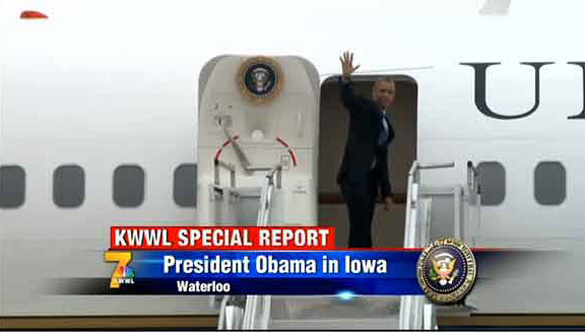 President Obama waves to the crowd at Waterloo Regional Airport as he boards Air Force One to head back to Washington, D.C., on Wednesday, Jan. 14, 2015. (Credit: KWWL.com)