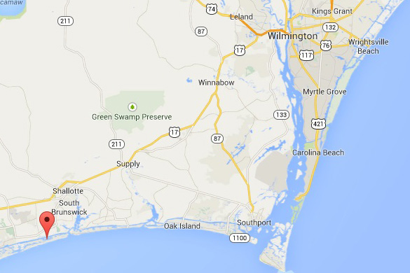 Map of Wilmington. Ocean Isle Beach is at the marker on the bottom left. Wrightsville Beach is in the upper right. (Credit: Google Maps)