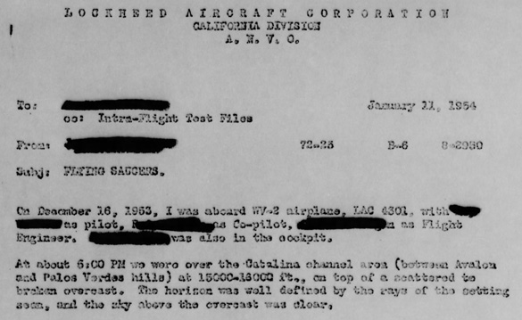 Excerpt from one of the Lockheed UFO reports. (Credit: U.S. Air Force Project Blue Book)