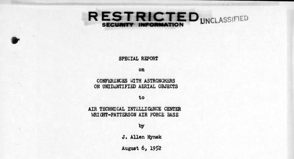 Front page of Hynek's astronomer report in the USAF Project Blue Book files. Click the image to view the entire report in pdf. (Credit: USAF)