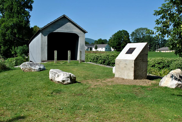 The UFO monument next to the Old Sheffield Covered Bridge in Sheffield, Massachusetts. (Credit: Tom Warner/Facebook)