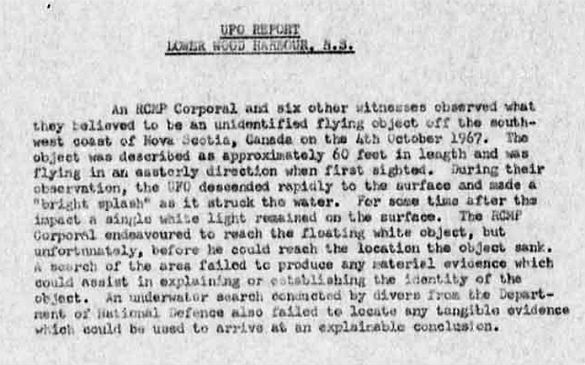 Canadian UFO report linked to in the Shag Harbour UFO Incident summary. (Credit: Canada Library and Archives)