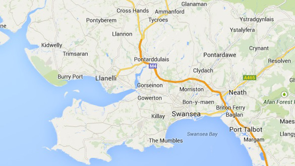 A map showing Swansea, South Wales, and the surrounding area. (Credit: Google Maps)