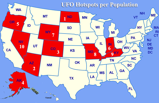Top 10 UFO Hotspots per population