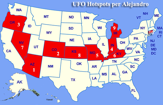 Top 10 UFO hotspots per Alejandro