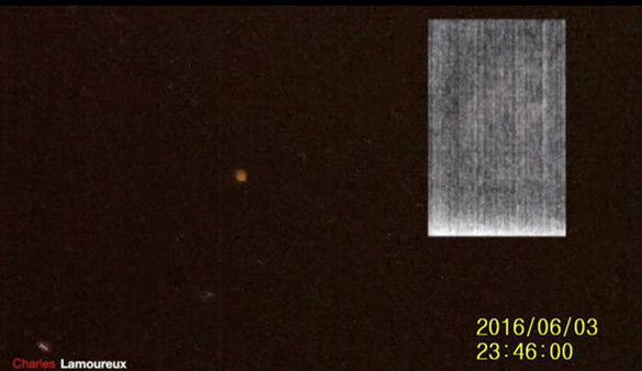 Still image from Lamoureux 's video. The thermal black and white image does not show the object, while the color night-vision video does. (Credit: Charles Lamoureux/YouTube)