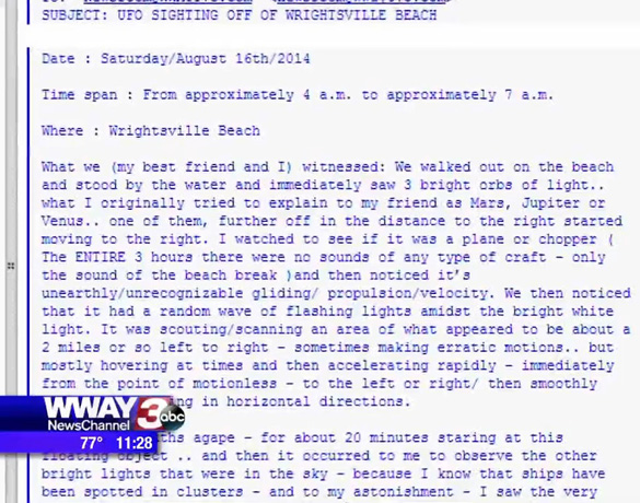 An excerpt of the email sent to WWAY about the UFO sighting at Wrightsville Beach. (Credit: WWAY) 