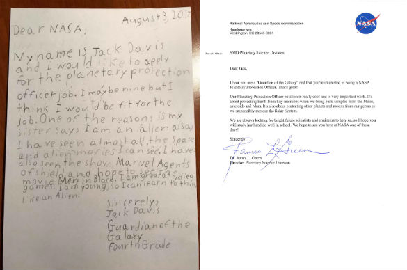 Young Jack Davis' letter and NASA's Dr, Green response. (Credit: NASA)