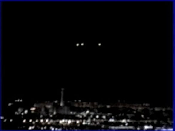 The witness first saw three lights in the sky that disappeared and a short while later more lights appeared to hover in the sky above the Las Vegas Strip. Pictured: Still image cropped and enlarged from the witness video. (Credit: MUFON)