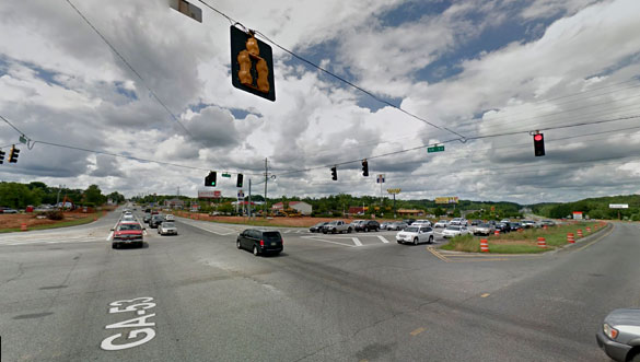 The triangle-shaped UFO moved over the witness who was then able to get a good description of the object. Pictured: The routes 53 and 400 intersection where part of the sighting occurred in Dawsonville, GA. (Credit: Google)