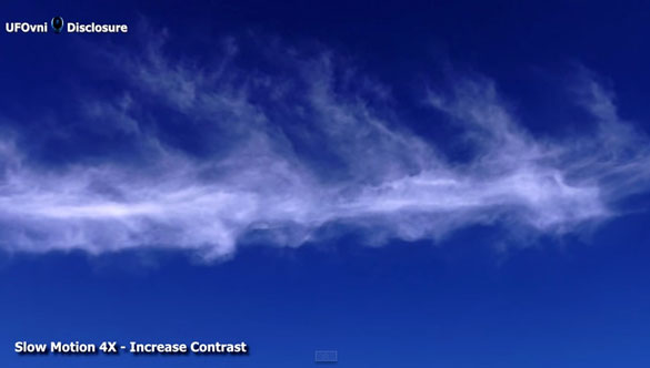 The object in this July 2013 video blends in with the cloud cover. The object is in the lower portion of the cloud just above the ‘T’ in “contrast’ above. (Credit: UFOvni Disclosure)