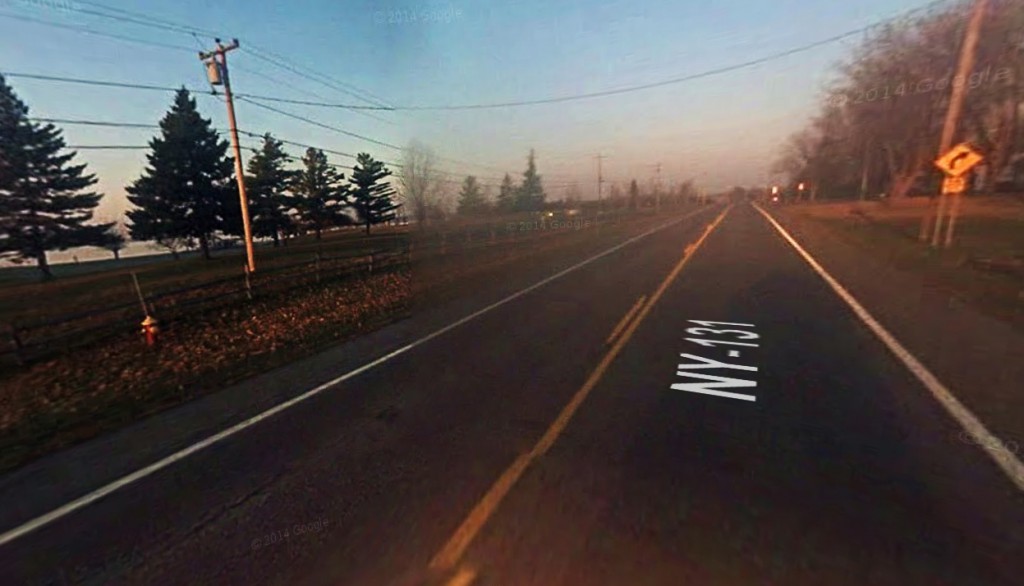 The first sphere crossed Route 131 at right angles to the road and at an elevation of approximately 600 feet. Pictured: Route 131 in Massena, NY. (Credit: Google)