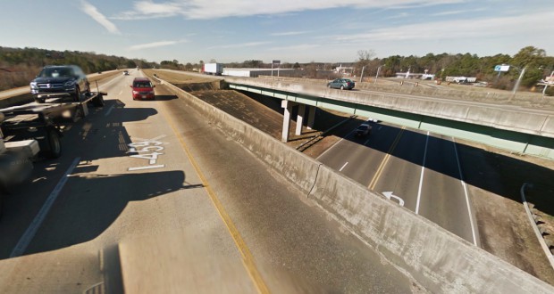 As the witness got closer, he could see that it was a black triangle craft with three white lights on each side. Pictured: I-459 at Morgan Road. (Credit: Google)