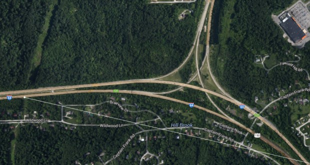 The witness turned onto northbound I-64, and saw the object move toward Edwardsville. But it eventually seemed to slow down and turn toward Georgetown. (Credit: Google)
