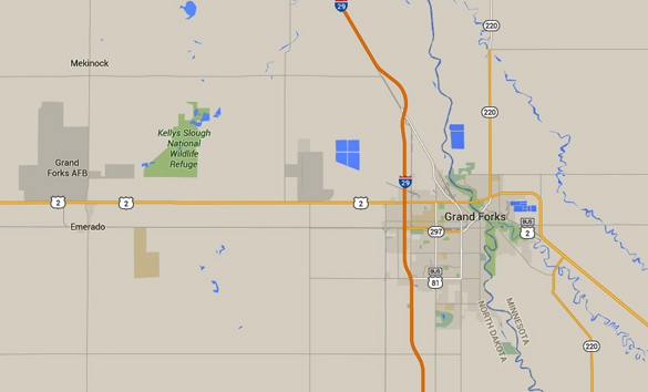 The craft was observed hovering just above a telephone pole. Grand Forks Air Force Base is 16 miles west of Grand Forks, ND. (Credit: Google)