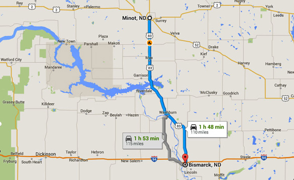 Minot, ND, is about 110 miles northwest of Bismark, ND. (Credit: Google Maps)