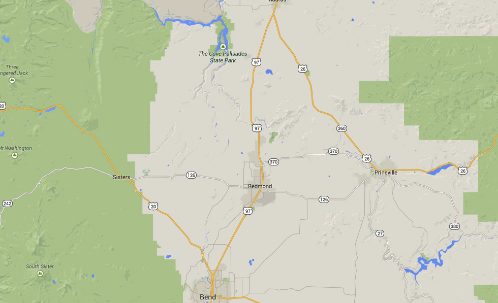 Sisters, OR, is about 22 miles northwest of Bend. (Credit: Google)