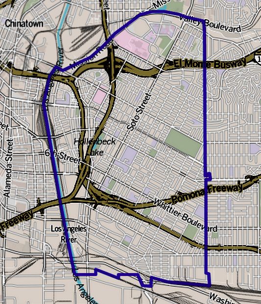 Boundaries of Boyle Heights as drawn by the Los Angeles Times. (Credit: Wikimedia Commons)