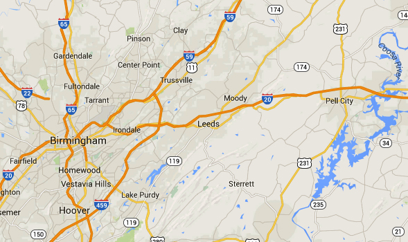 Pell City, AL, is about 34 miles directly east of Birmingham. (Credit: Google)