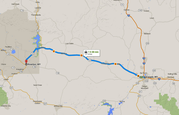 Riverton is about 120 miles west of Casper, WY. (Credit: Google Maps)