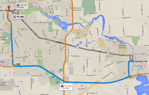 Ypsilanti, MI, is about nine miles southeast of Ann Arbor, MI. (Credit: Google Maps)