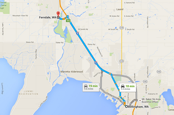 Ferndale is about 11 miles northwest of Bellingham, Washington. (Credit: Google Maps)