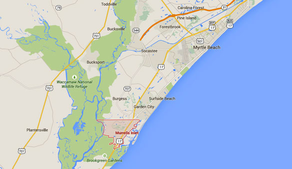 Murrells Inlet, SC, is about 13 miles southwest of Myrtle Beach. (Credit: Google Maps)