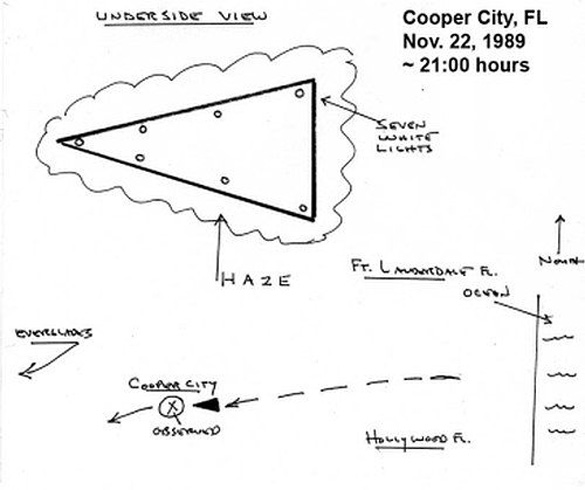 Underside illustrations of an arrowhead-shaped UFO from a 1989 sighting in Cooper City, FL. (Credit: UFOevidence.org)