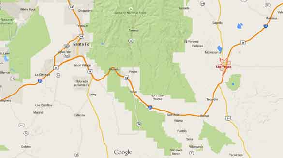 Las Vegas, NM, is about 65 miles southeast of Santa Fe. (Credit: Google Maps)