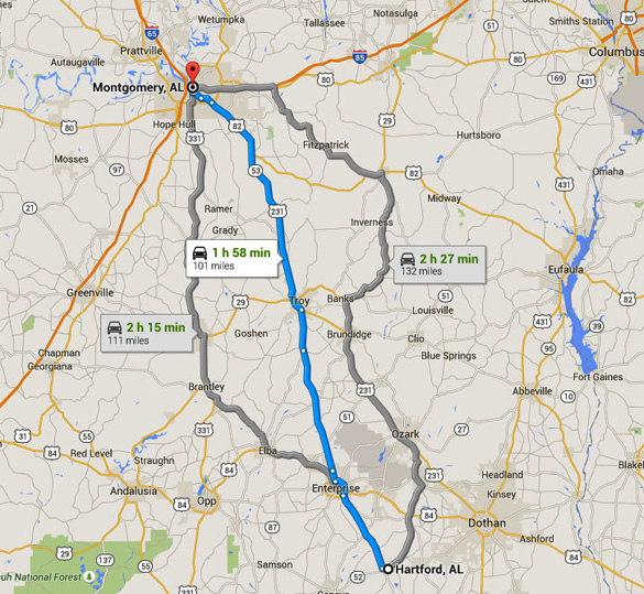 Hartford, AL, is about 100 miles southeast of Montgomery, AL. (Credit: Google Maps)