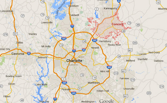 Concord, NC, is about 24 miles northeast of Charlotte, NC. (Credit: Google Maps)