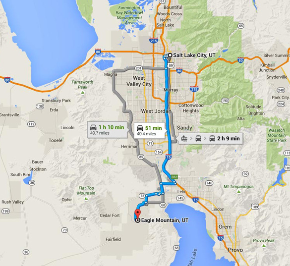 Eagle Mountain is about 40 miles southwest of Salt Lake City, UT. (Credit: Google Maps)